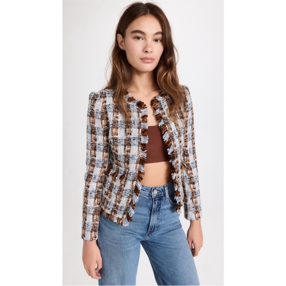 L’agence Angelina Tweed Blazer Blue Orange Size 16 Plaid Wool Blend Fringe